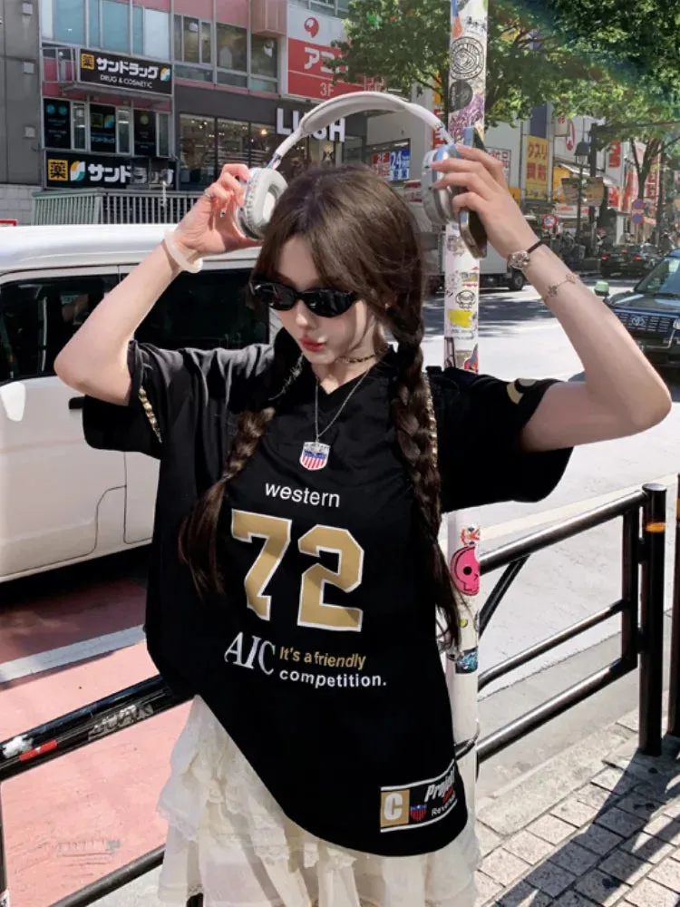 TAVIMART  -  Hip Hop Oversized Sports Number Tee Basketball Jersey Women Short Sleeve V Neck T-shirts Cotton American Retro Clothes