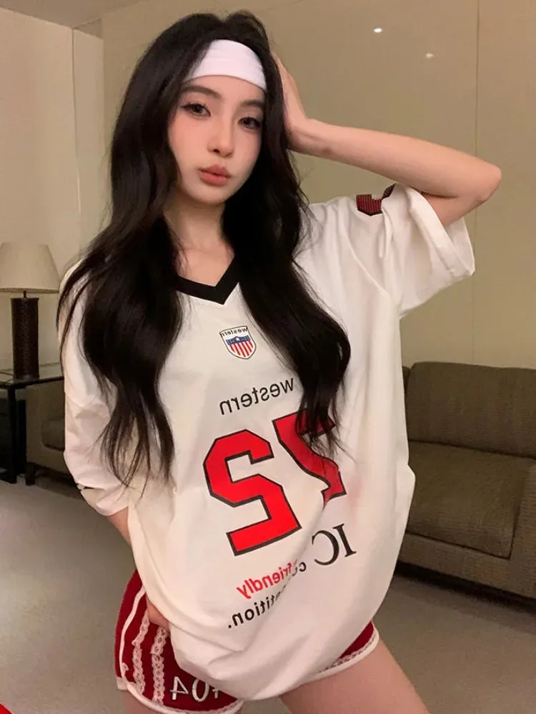 TAVIMART  -  Y2K Sports Letter Graphic T Shirts Contrast V-neck Loose Football Tops for Women American Retro Streetwear Casual Tees