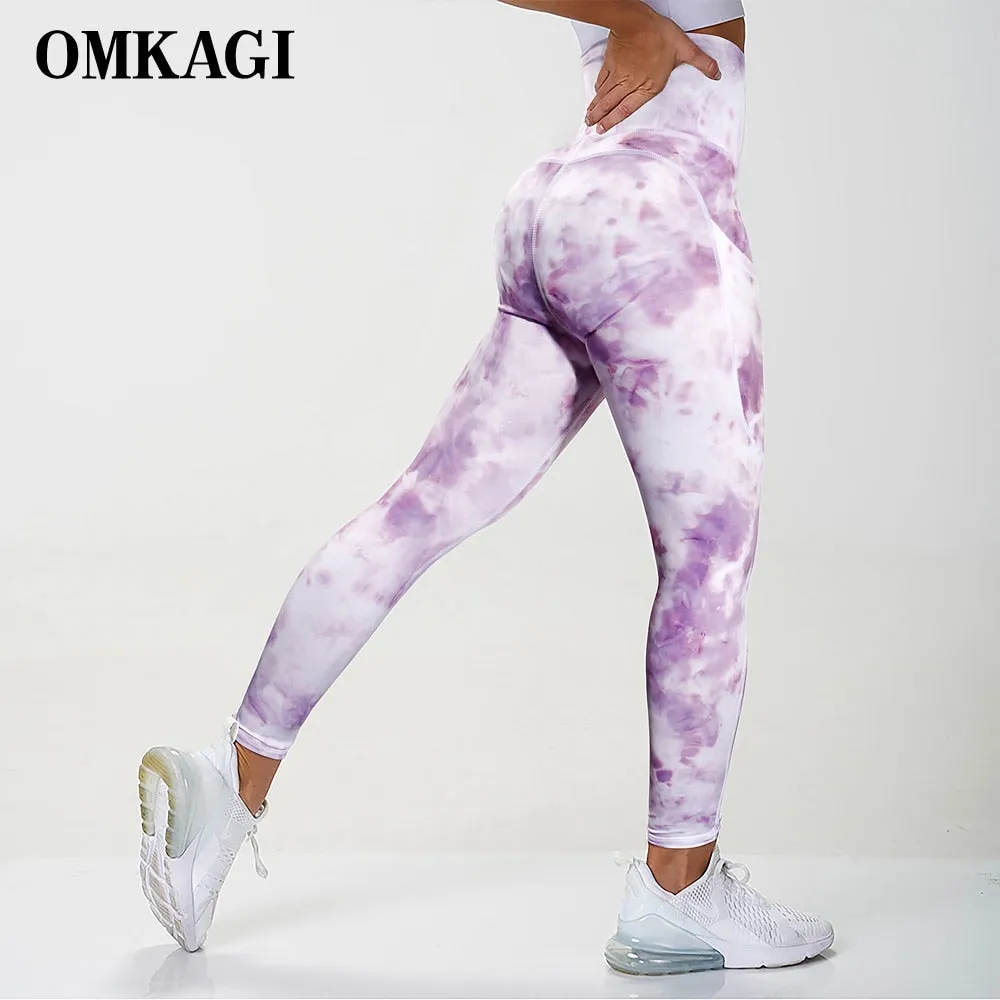 Tie Dye Tight Sports Women Fitness With Pocket Yoga Pants Stretch Workout Patchwork Slim Gym Leggings