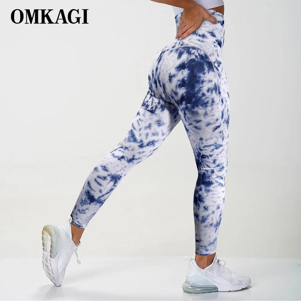 Tie Dye Tight Sports Women Fitness With Pocket Yoga Pants Stretch Workout Patchwork Slim Gym Leggings