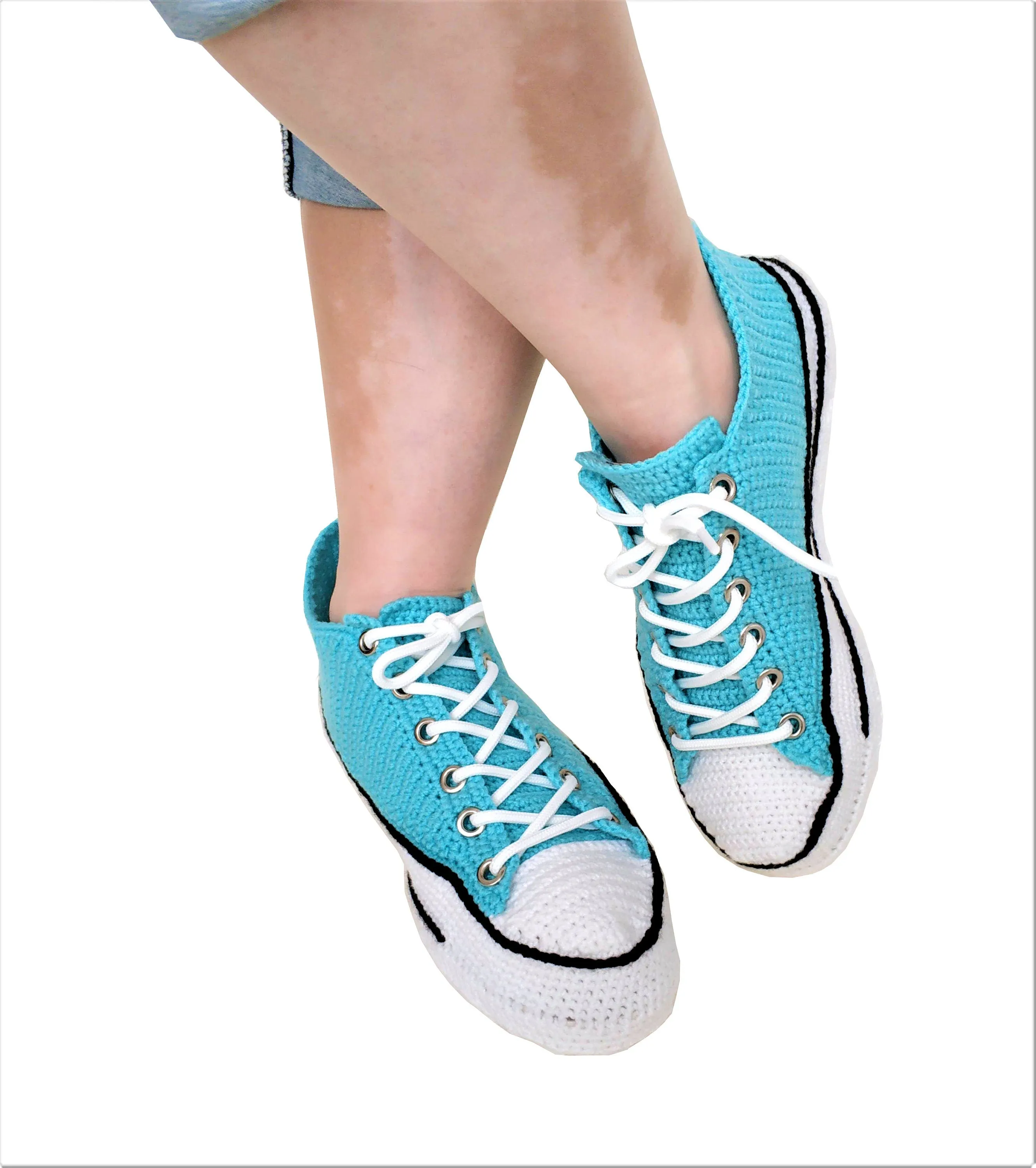 Turquoise Converse Handmade Crochet Home Slippers Plush - Breathable Non-Slip Sole Sneakers Indoor Shoes