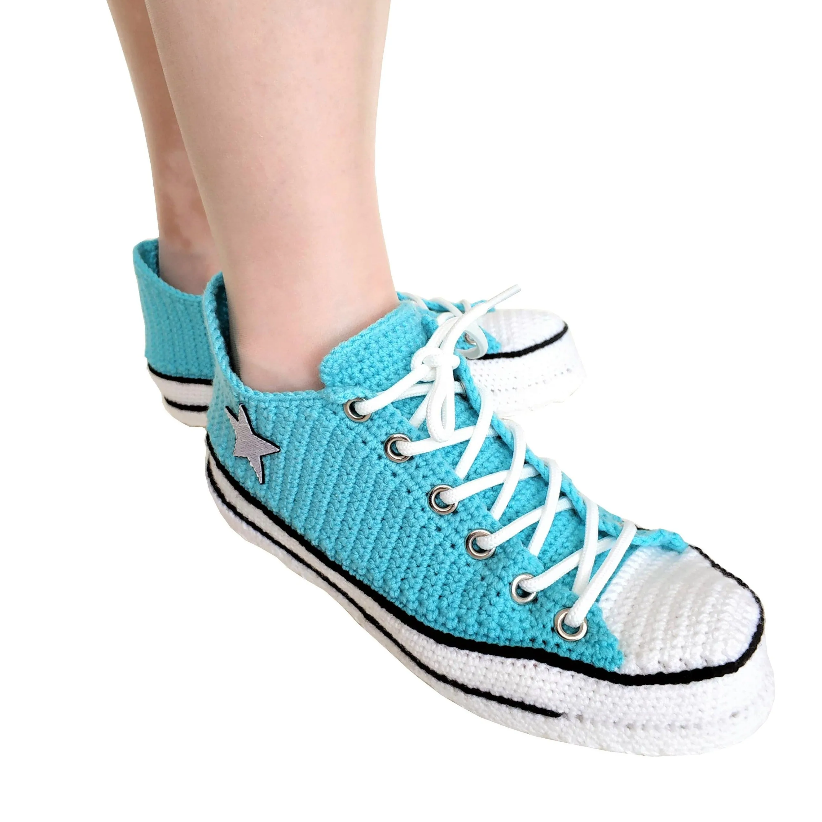 Turquoise Converse Handmade Crochet Home Slippers Plush - Breathable Non-Slip Sole Sneakers Indoor Shoes