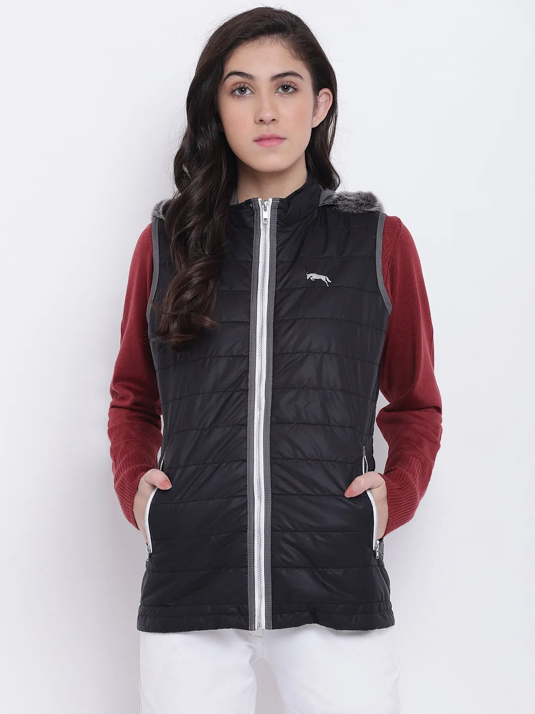 Women Black Casual Quilted Jacket