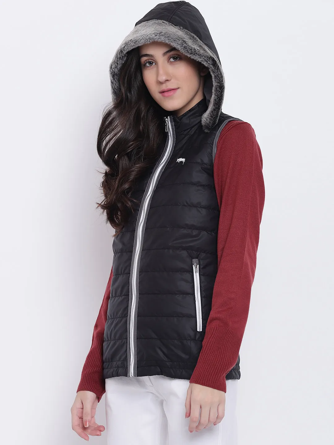 Women Black Casual Quilted Jacket