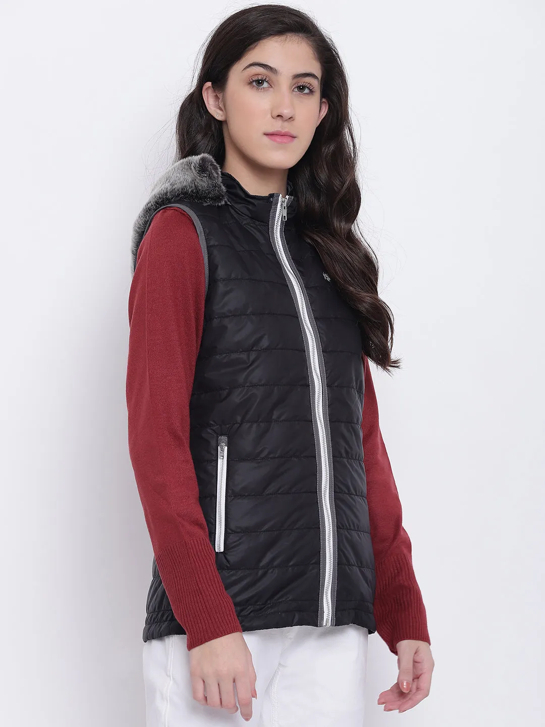 Women Black Casual Quilted Jacket