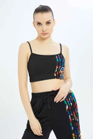 Women Black Strappy Printed Sports Bra