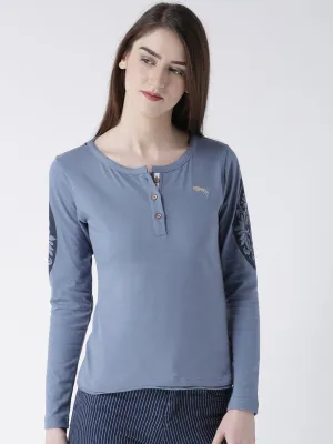 Women Blue Solid Round Neck T-shirt