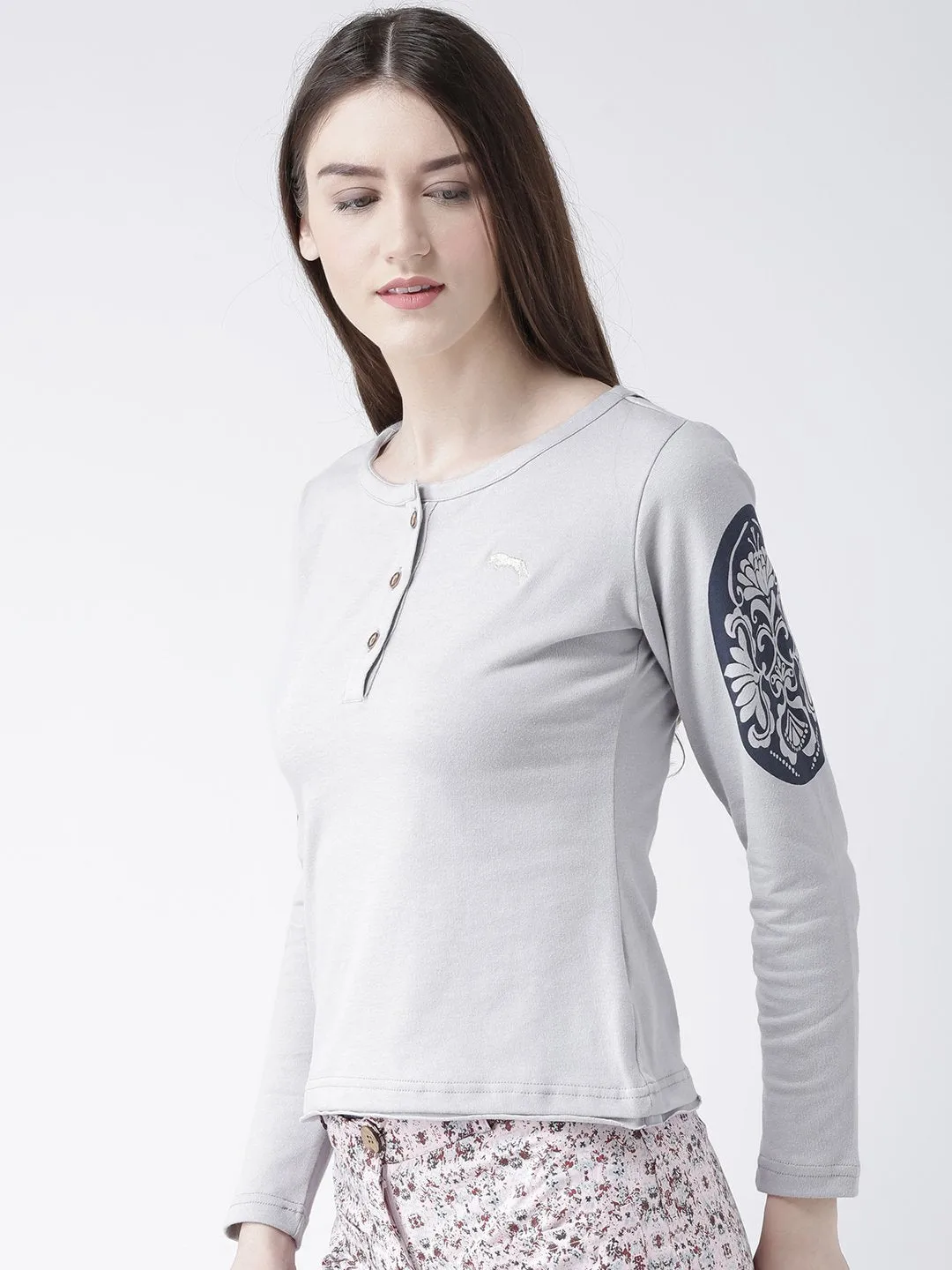 Women Grey Solid Round Neck T-shirt