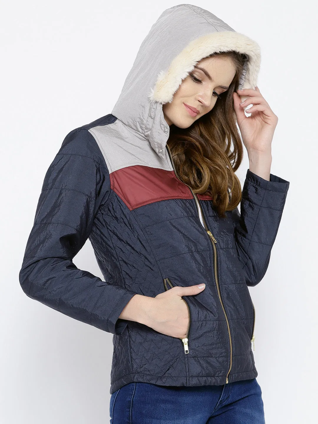 Women Navy Blue Puffer Jacket