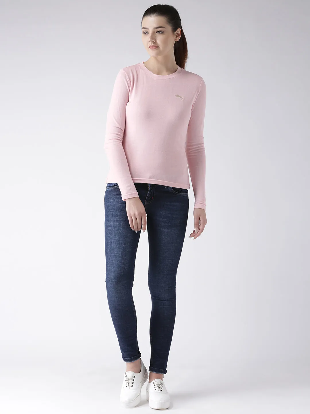 Women Pink Solid Round Neck T-shirt