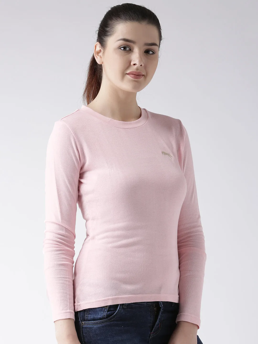 Women Pink Solid Round Neck T-shirt