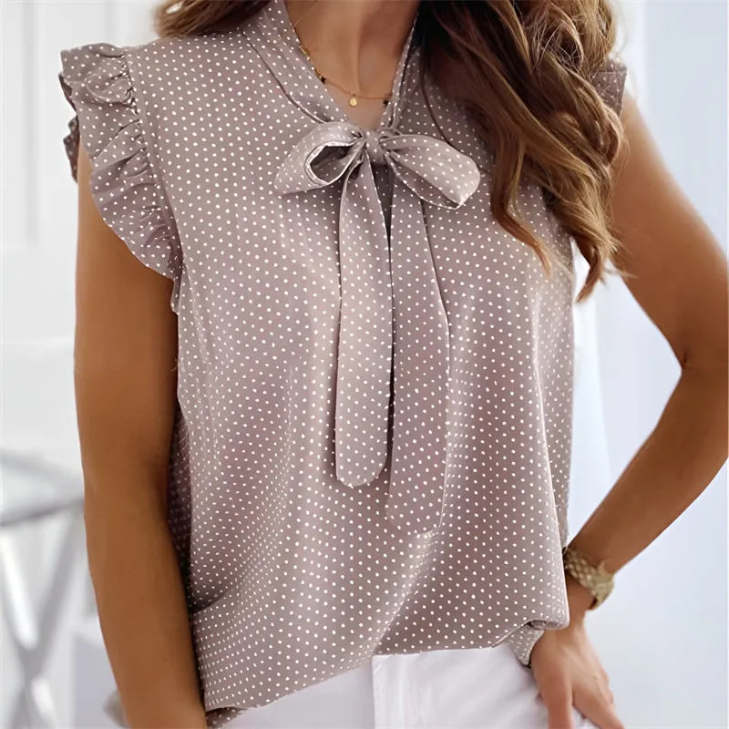 Women Summer Polka Dot Bow Neck Sleeveless Ruffles Shirt