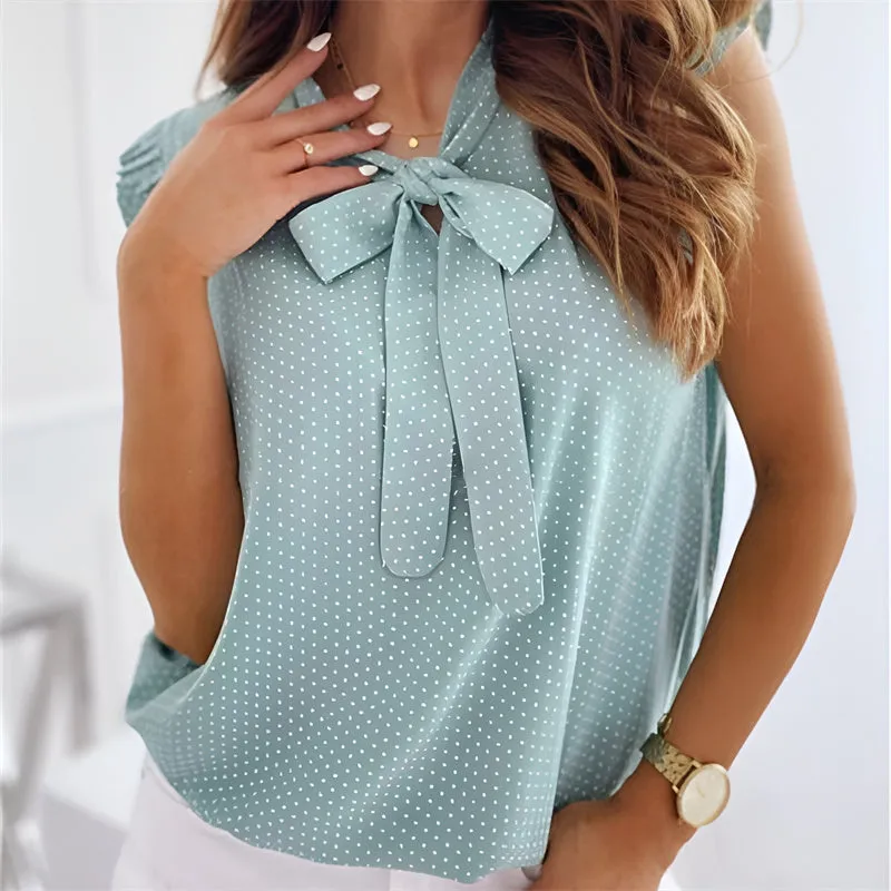 Women Summer Polka Dot Bow Neck Sleeveless Ruffles Shirt