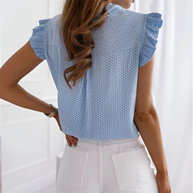 Women Summer Polka Dot Bow Neck Sleeveless Ruffles Shirt