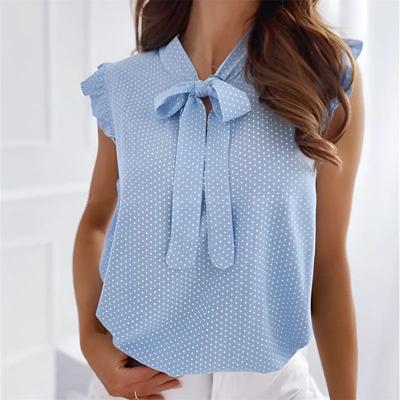 Women Summer Polka Dot Bow Neck Sleeveless Ruffles Shirt