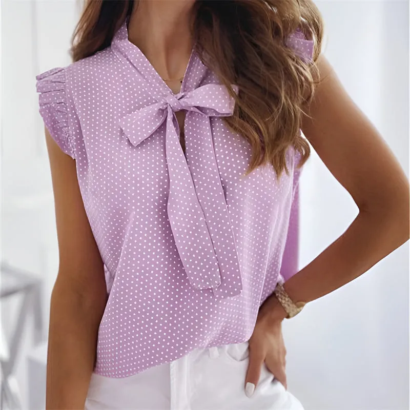 Women Summer Polka Dot Bow Neck Sleeveless Ruffles Shirt