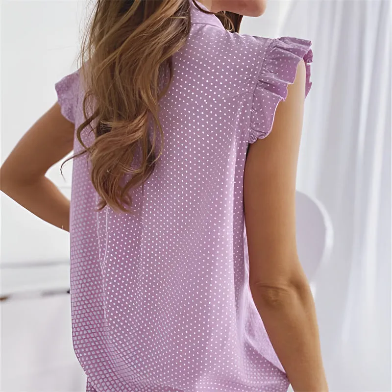 Women Summer Polka Dot Bow Neck Sleeveless Ruffles Shirt