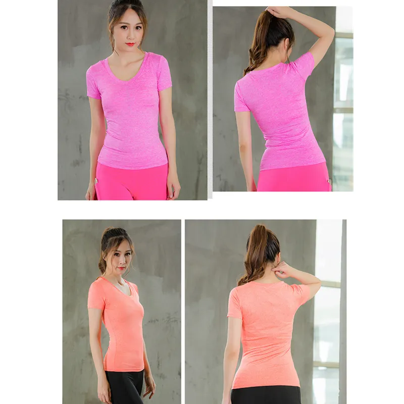 Women V-Neck Solid Color Short Sleeve Yoga Fitness Tops