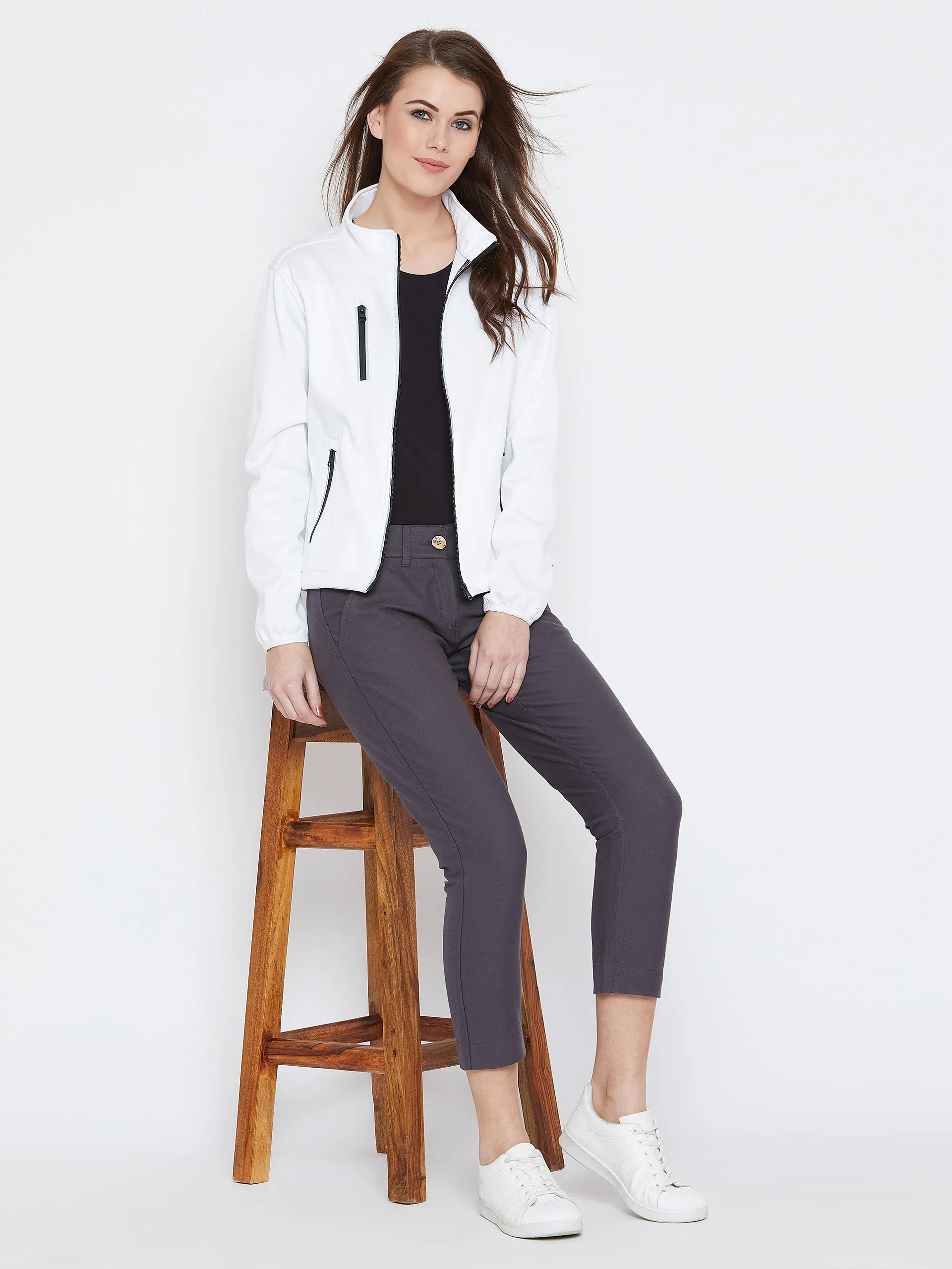 Women White Solid Sporty Jacket