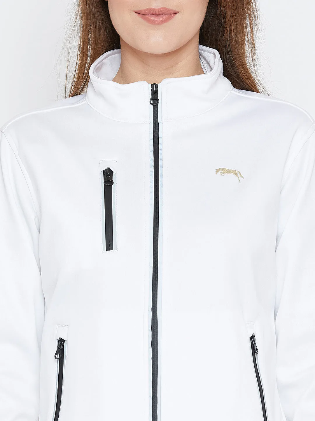 Women White Solid Sporty Jacket