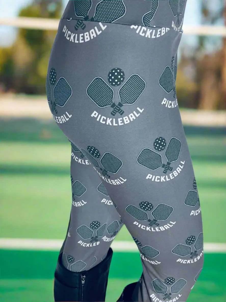 Womens Pickleball Leggings, Soft Yoga Pants, Sizes OS/TC, Yoga Waist, Gray/Black, Exclusive Leggings